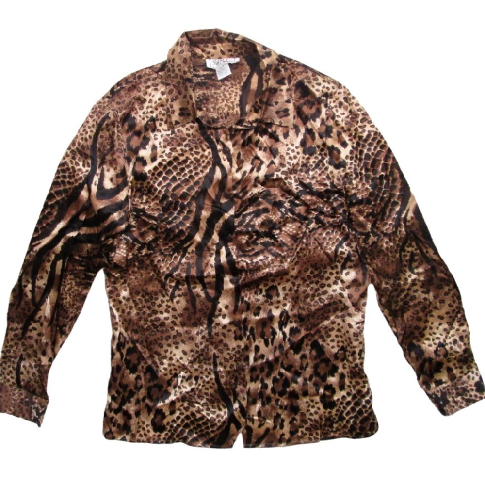 Bob Mackie Wearable Art Button Up Silk Top Size Large Animal Print